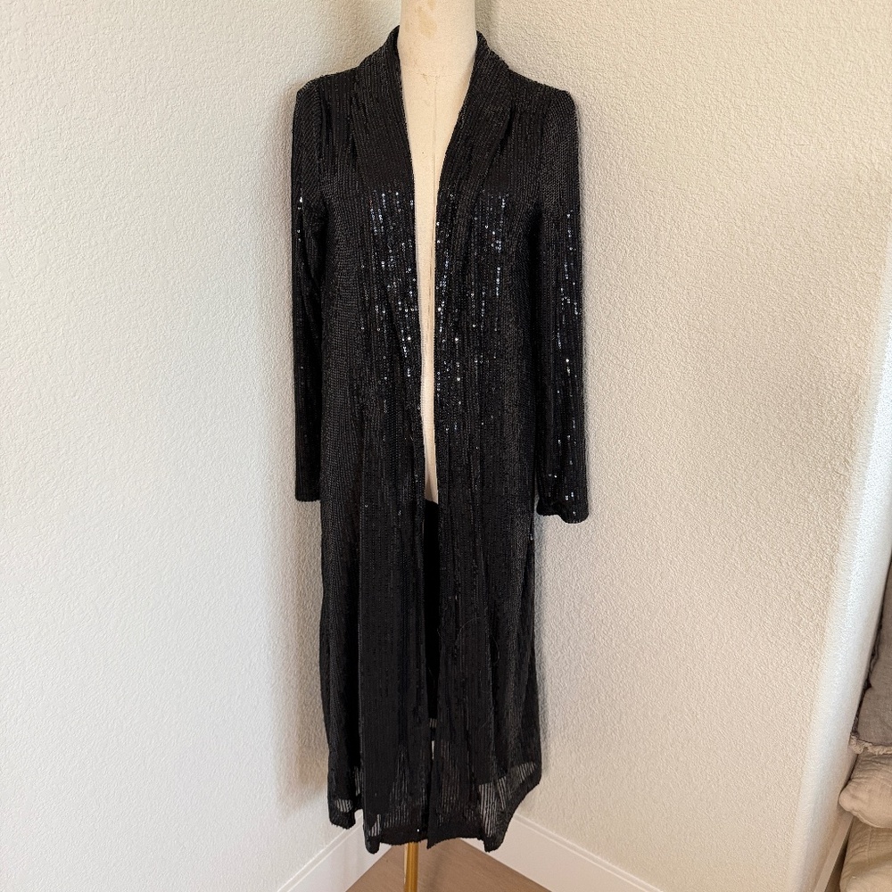 Black Sequin Longline Open Front Duster Cardigan – Size S